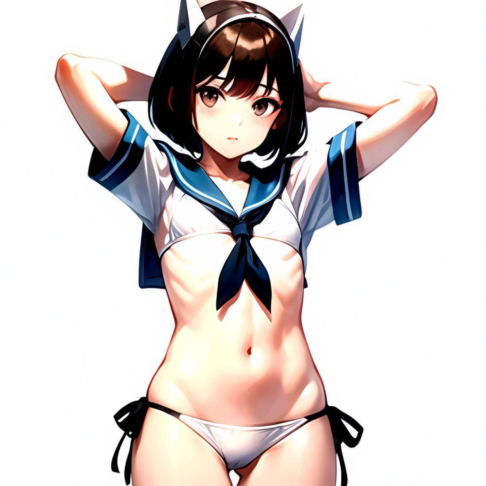 1girl Arms Up Arms Behind Head Bikini Bob Cut Brown Eyes Brown Hair Cosplay Cowboy Shot Flat Chest Headgear Inverted, 2430144063 - AIHentai - #main