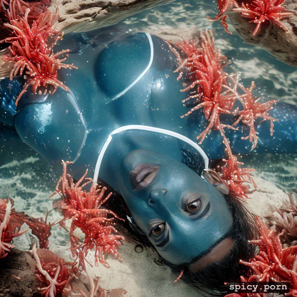 realistic, visible nipple, masterpiece, zoe saldana as blue alien from the movie avatar zoe saldana swimming underwater near a coral reef wearing tribal top and thong - #main