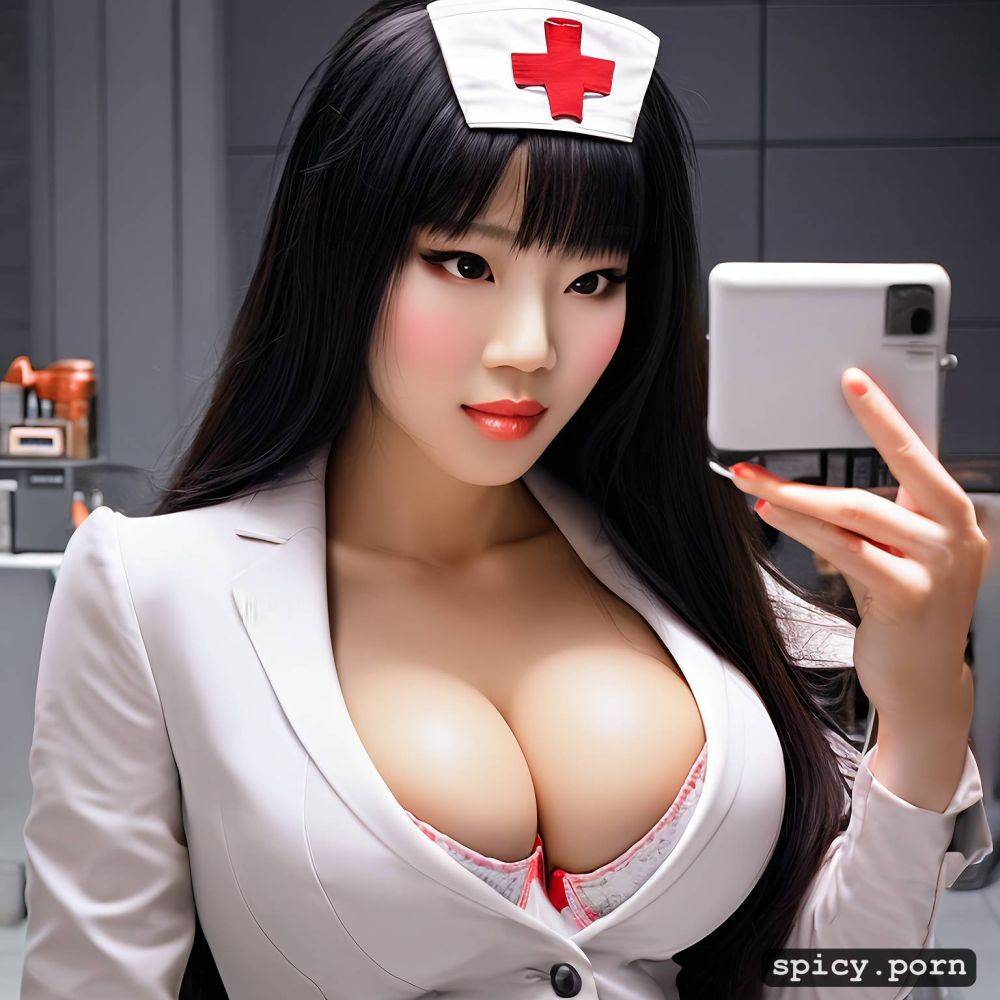 selfie, long hair, precise lineart, office, nurse, asian woman - #main