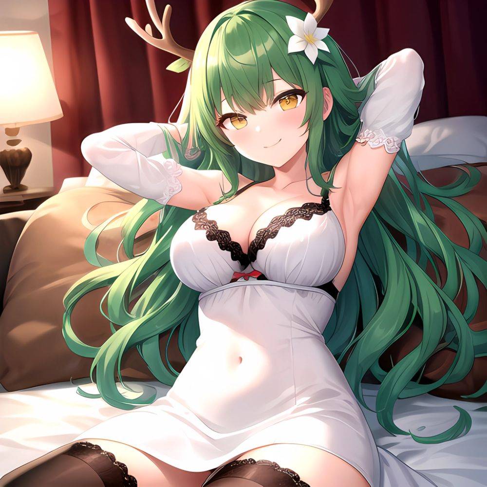 1girl Alternate Costume Antlers Armpits Arms Behind Head Bed Sheet Black Bra Black Thighhighs Bra Branch Breasts Ceres Fauna Cle, 78741303 - AIHentai - #main
