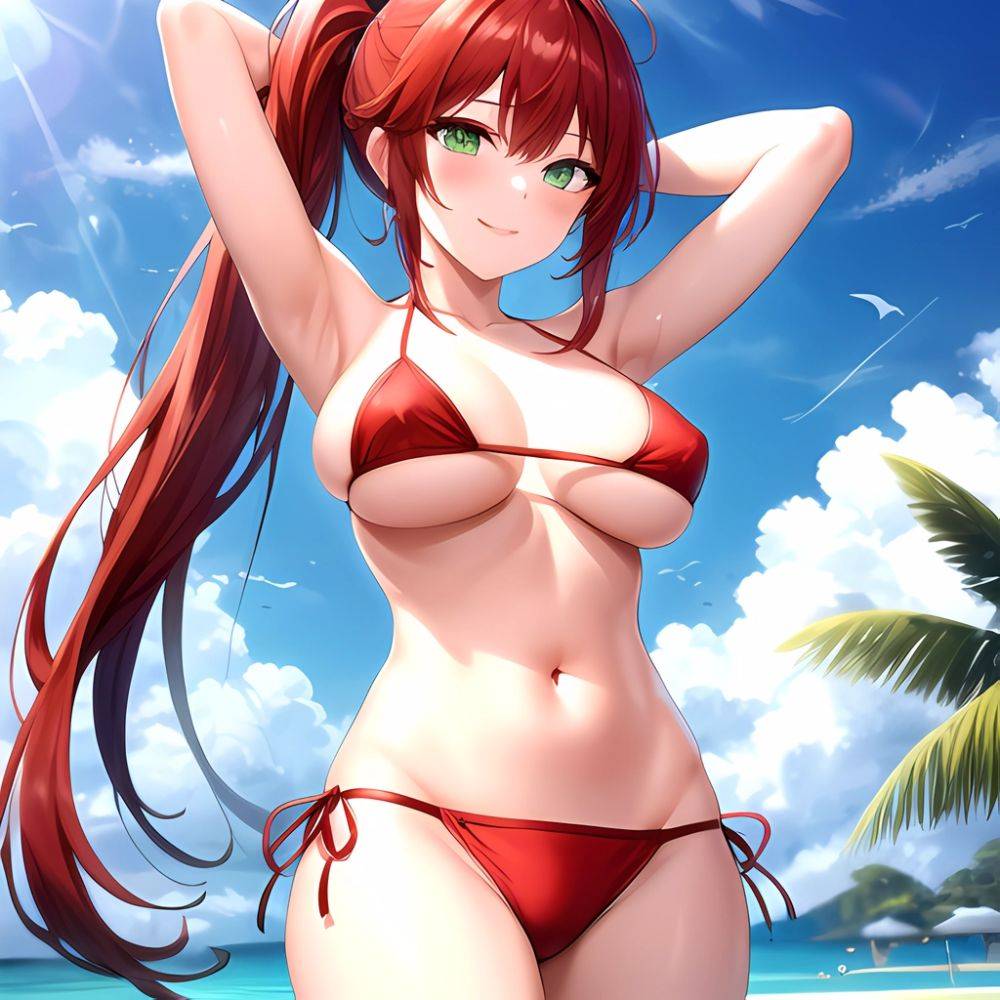 1girl Armpits Arms Behind Head Bikini Breasts Closed Mouth Collarbone Covered Nipples Day Green Eyes Highres Jung Freud Large Br, 476492667 - AIHentai - #main