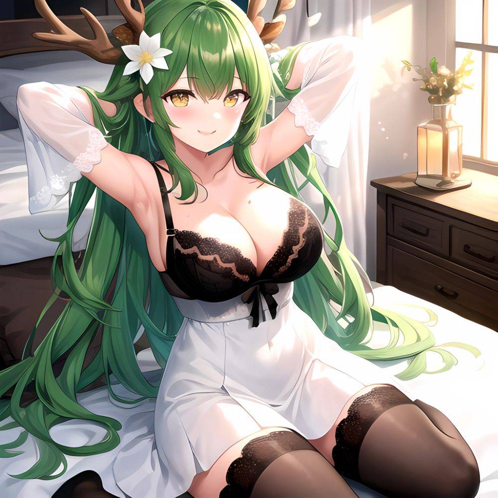 1girl Alternate Costume Antlers Armpits Arms Behind Head Bed Sheet Black Bra Black Thighhighs Bra Branch Breasts Ceres Fauna Cle, 1407972171 - AIHentai - #main