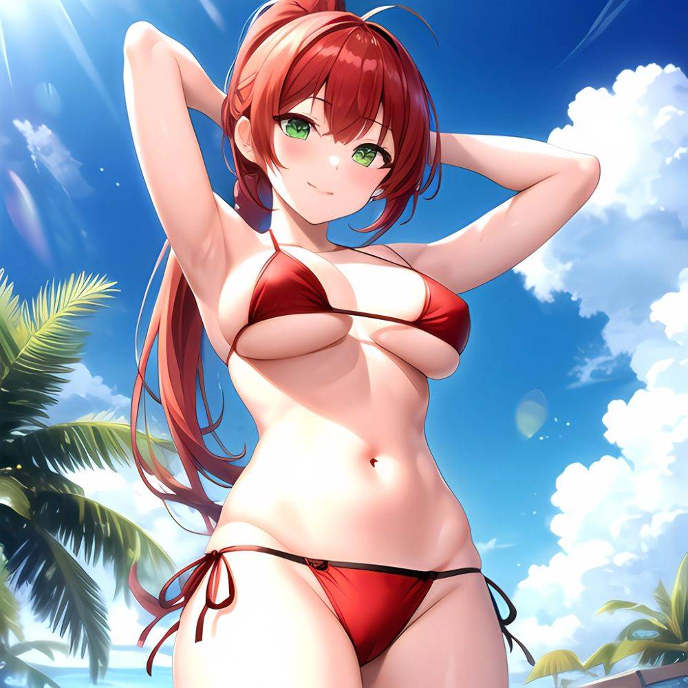 1girl Armpits Arms Behind Head Arms Up Bikini Breasts Closed Mouth Collarbone Covered Nipples Day Green Eyes Highres Jung Freud, 4117025236 - AIHentai - #main