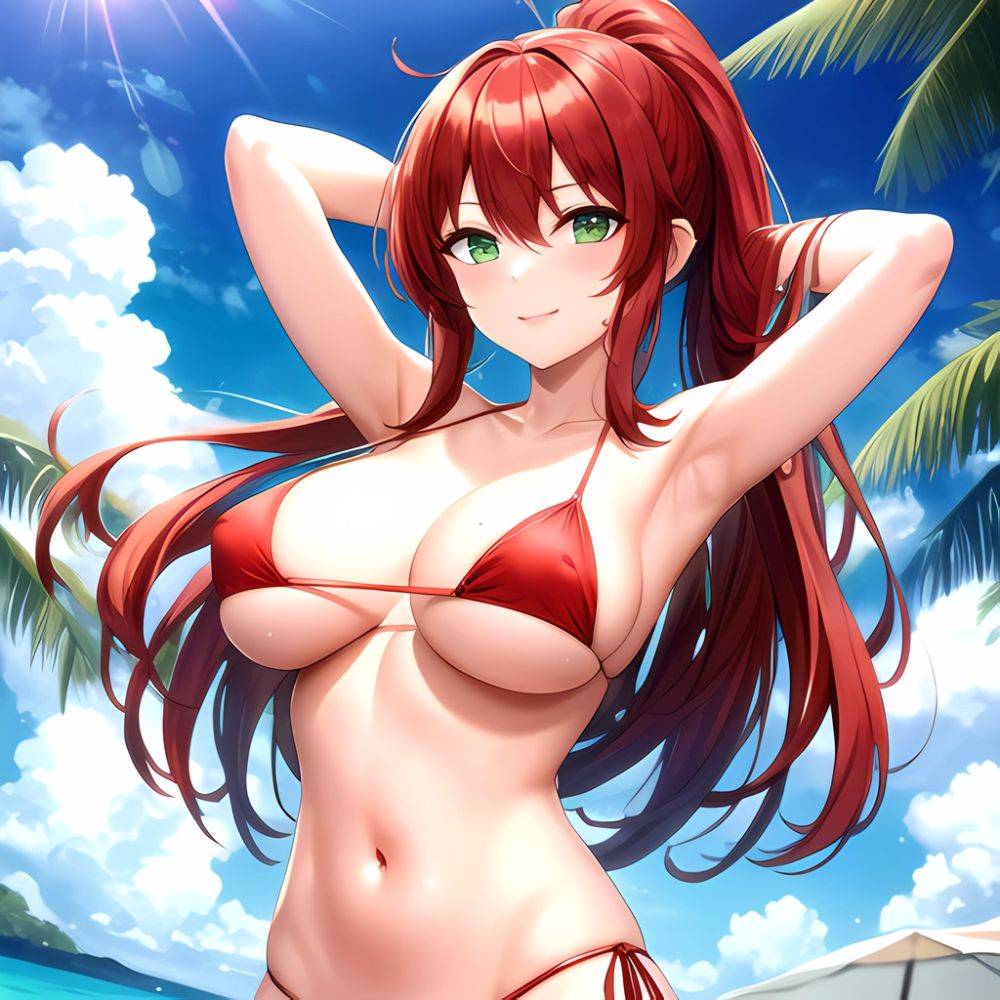 1girl Armpits Arms Behind Head Arms Up Bikini Breasts Closed Mouth Collarbone Covered Nipples Day Green Eyes Highres Jung Freud, 3358824336 - AIHentai - #main