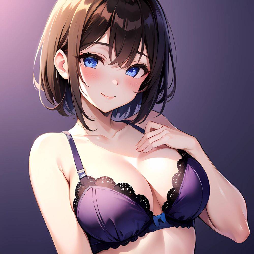 1girl Ai Generated Blue Eyes Blush Breasts Brown Hair Highres Large Breasts Light Smile Looking At Viewer Purple Background Shor, 3061069465 - AIHentai - #main