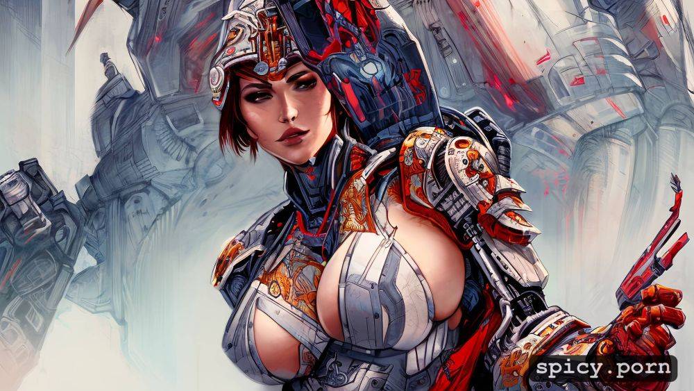 busty, comprehensive cinematic, vibrant, strong warrior robot - #main