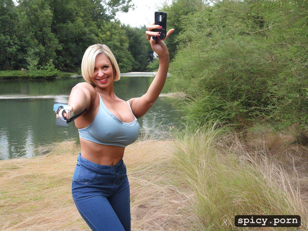selfie, bobcut hair, pastel colors, lake, high socks, exotic female - #main