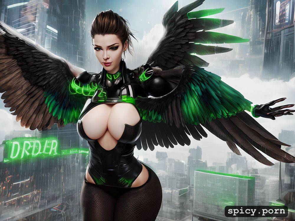 20 yo, green miniskirt, big boobs, black feathered wings, perfect athletic female fallen angel - #main