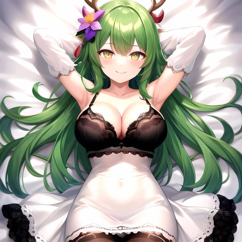 1girl Alternate Costume Antlers Armpits Arms Behind Head Bed Sheet Black Bra Black Thighhighs Bra Branch Breasts Ceres Fauna Cle, 562860155 - AIHentai - #main