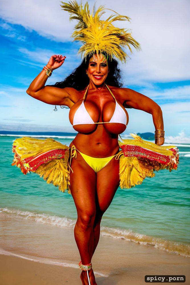 color portrait, long hair, 39 yo beautiful performing white rio carnival dancer at copacabana beach - #main