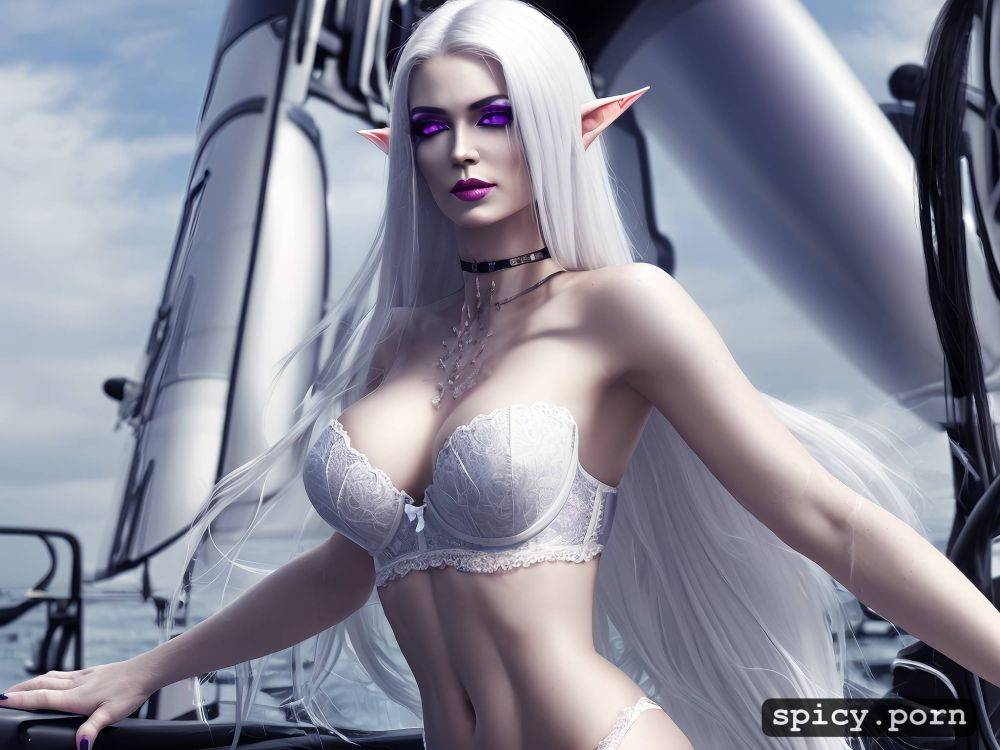 purple eyes, yacht, perfect slim albino female elf, white eyelashes - #main