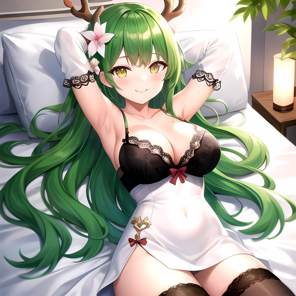 1girl Alternate Costume Antlers Armpits Arms Behind Head Bed Sheet Black Bra Black Thighhighs Bra Branch Breasts Ceres Fauna Cle, 2339912649 - AIHentai - #main