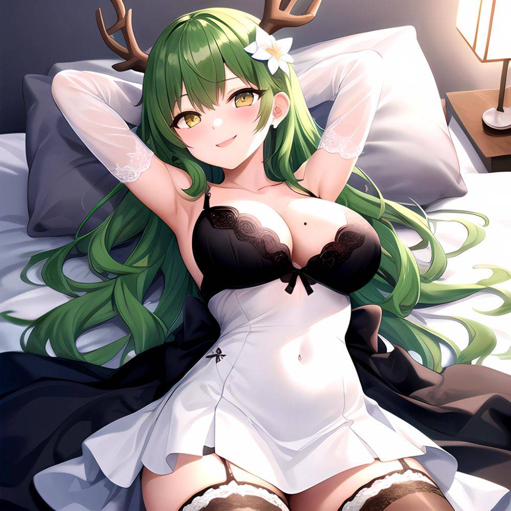1girl Alternate Costume Antlers Armpits Arms Behind Head Bed Sheet Black Bra Black Thighhighs Bra Branch Breasts Ceres Fauna Cle, 2792383389 - AIHentai - #main