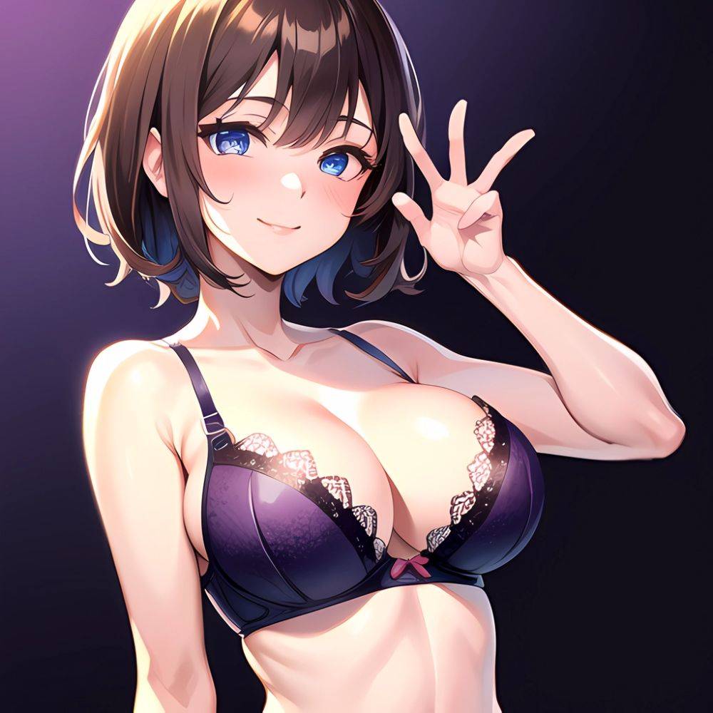 1girl Ai Generated Blue Eyes Blush Breasts Brown Hair Highres Large Breasts Light Smile Looking At Viewer Purple Background Shor, 2134765646 - AIHentai - #main