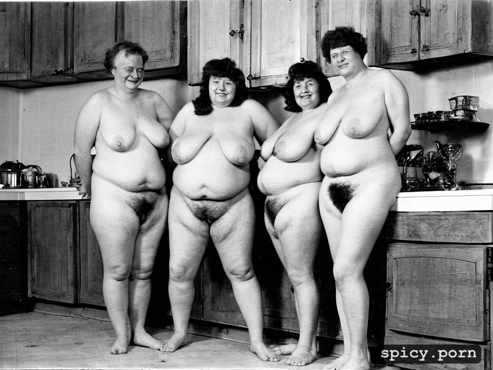 fully naked, group photo of old fat lesbians, standing in kitchen - #main