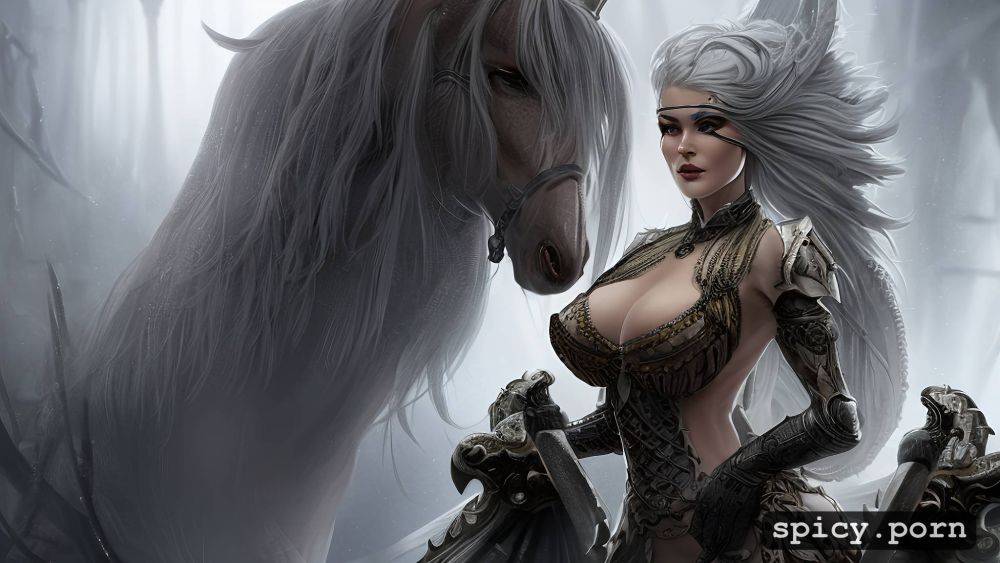 nude woman, seductive, fantasy armor, transparent, white hair - #main