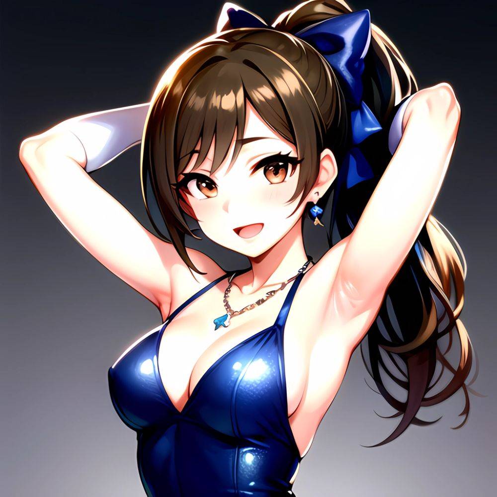 1girl Absurdres Armpits Arms Up Ayase Honoka Black Gloves Blue Bow Blue Dress Blush Bow Breasts Brown Eyes Brown Hair, 3213370711 - AIHentai - #main