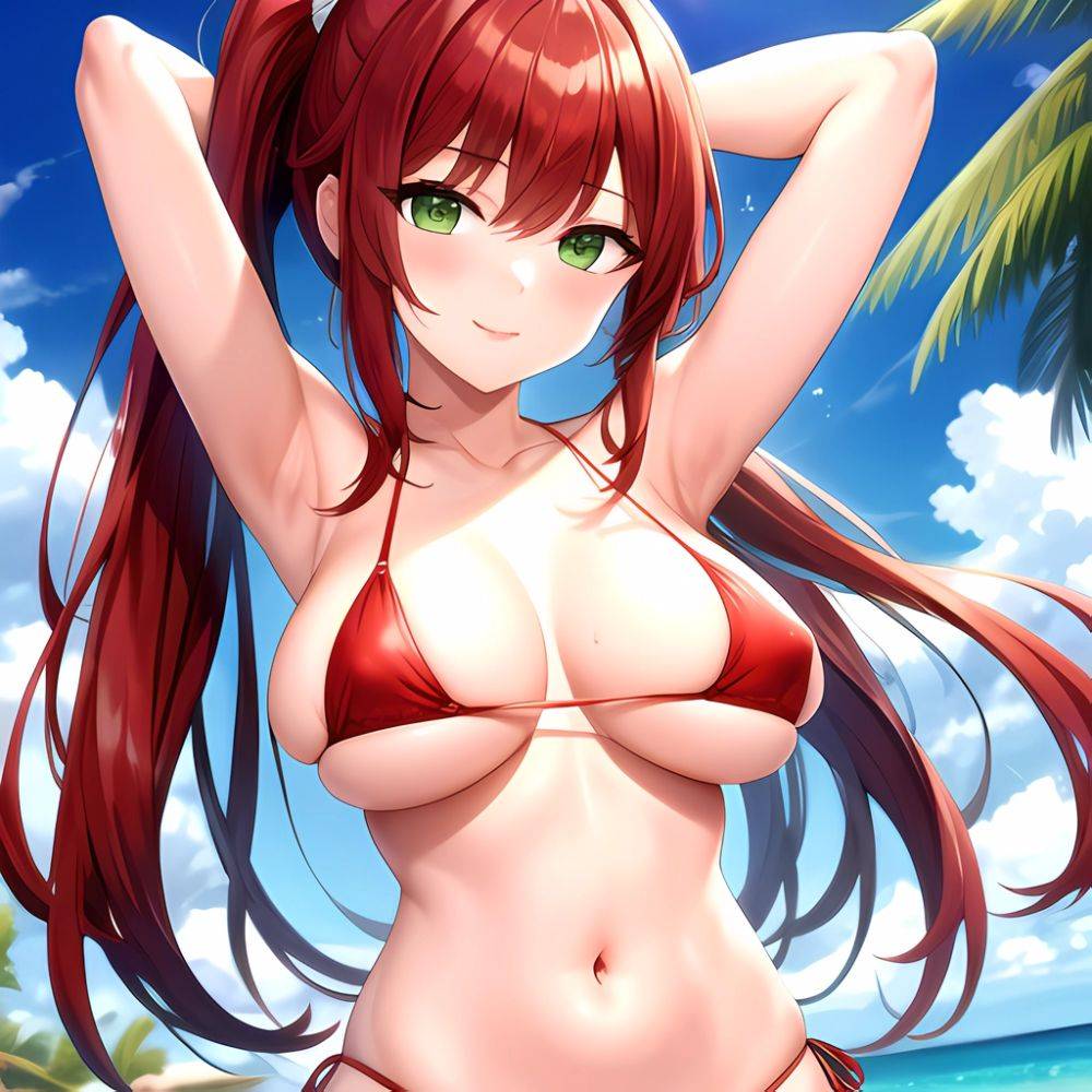 1girl Armpits Arms Behind Head Bikini Breasts Closed Mouth Collarbone Covered Nipples Day Green Eyes Highres Jung Freud Large Br, 2877839860 - AIHentai - #main