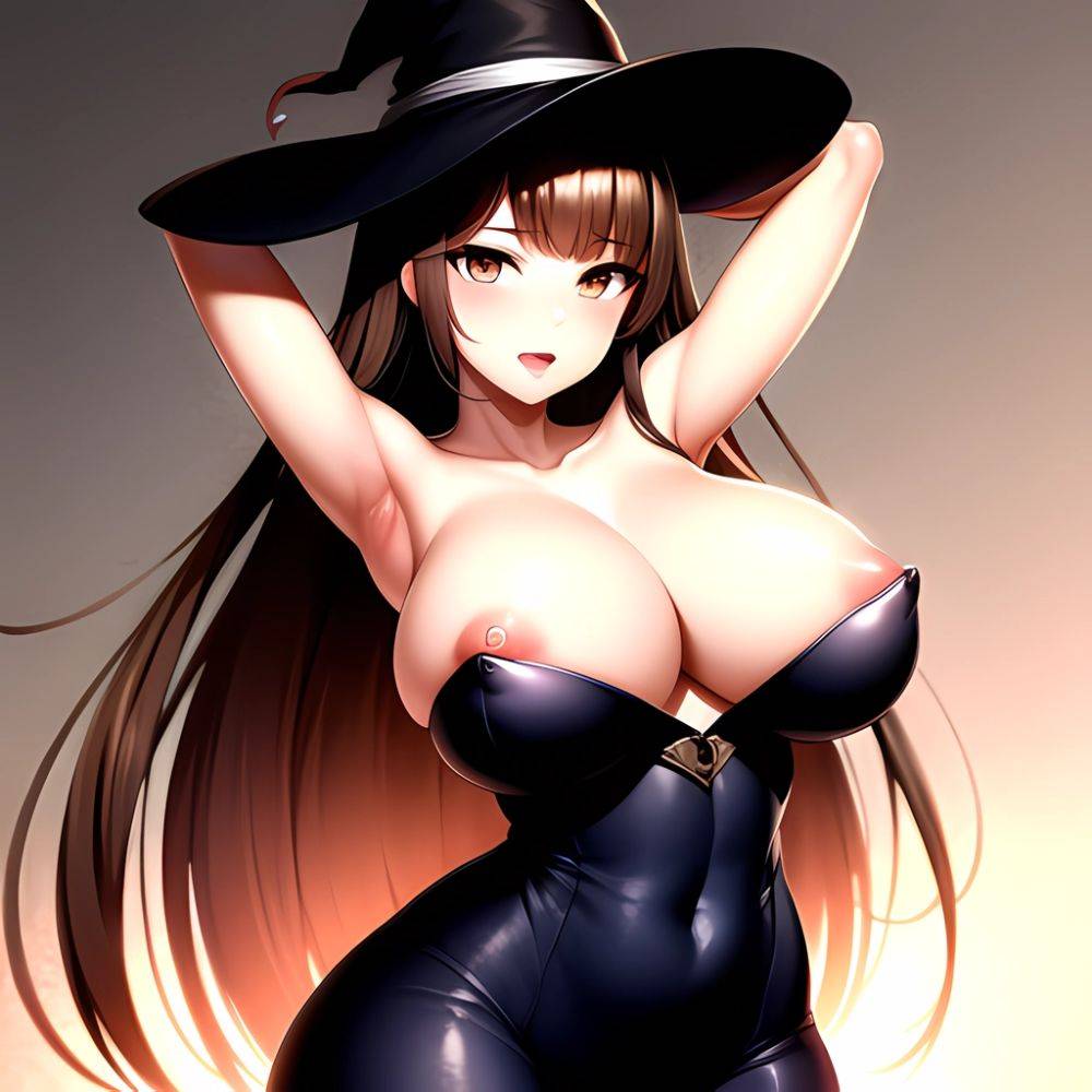 1girl Absurdres Bare Shoulders Black Headwear Breasts Breasts Out Brown Eyes Brown Hair Cleavage Dragon 039 S Crown Dress Highre, 2089218004 - AIHentai - #main