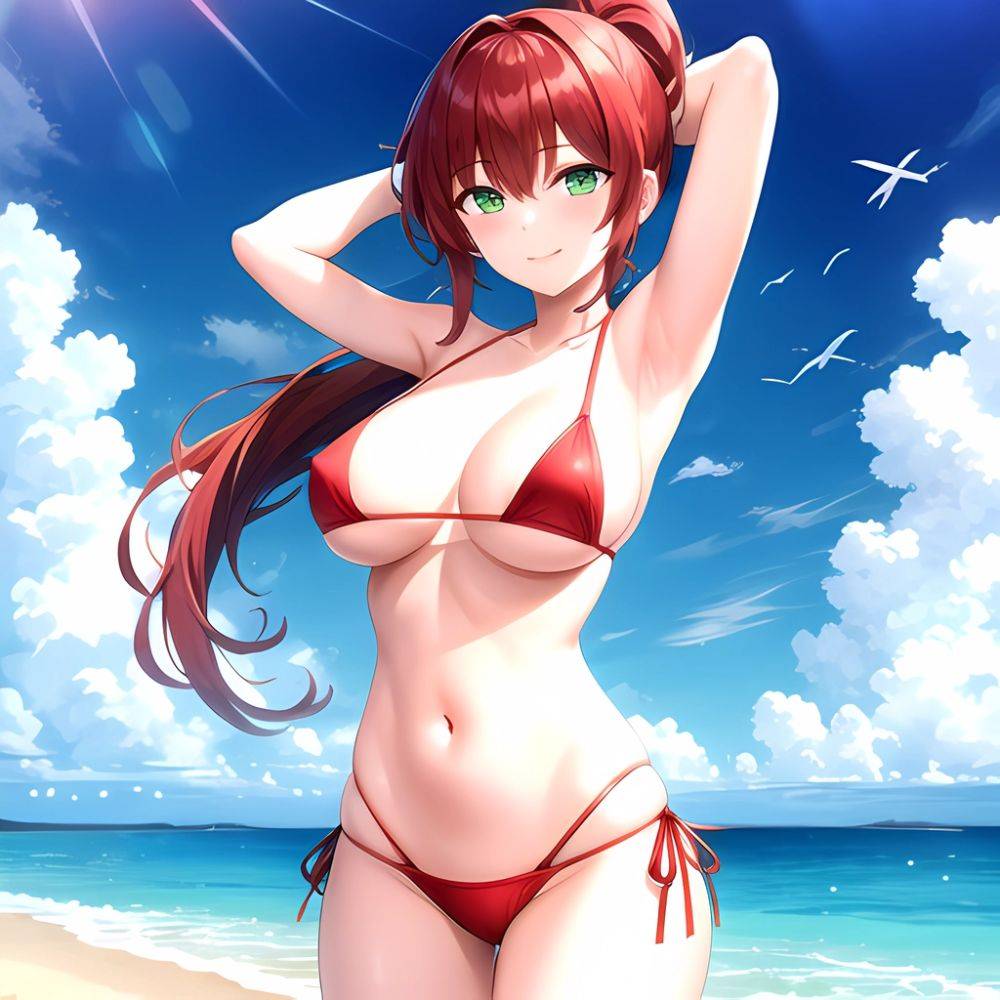 1girl Armpits Arms Behind Head Arms Up Bikini Breasts Closed Mouth Collarbone Covered Nipples Day Green Eyes Highres Jung Freud, 818700863 - AIHentai - #main