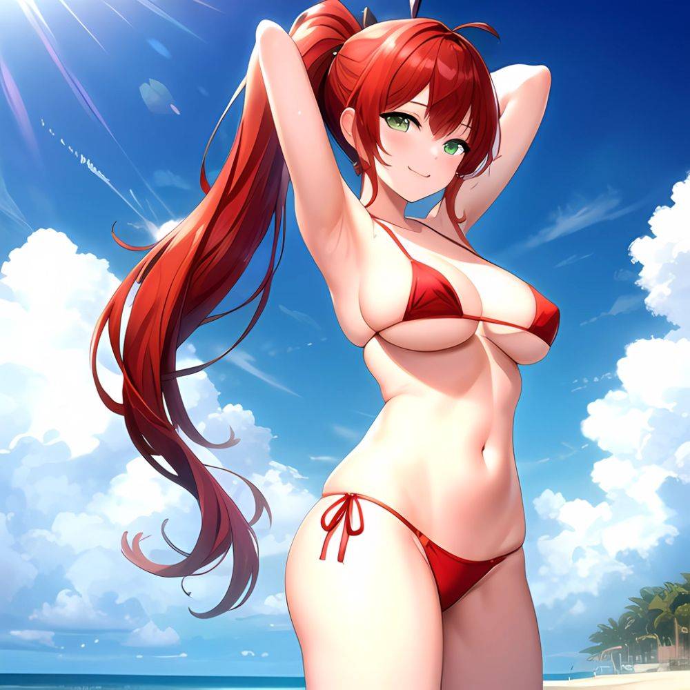 1girl Armpits Arms Behind Head Arms Up Bikini Breasts Closed Mouth Collarbone Covered Nipples Day Green Eyes Highres Jung Freud, 4213605561 - AIHentai - #main
