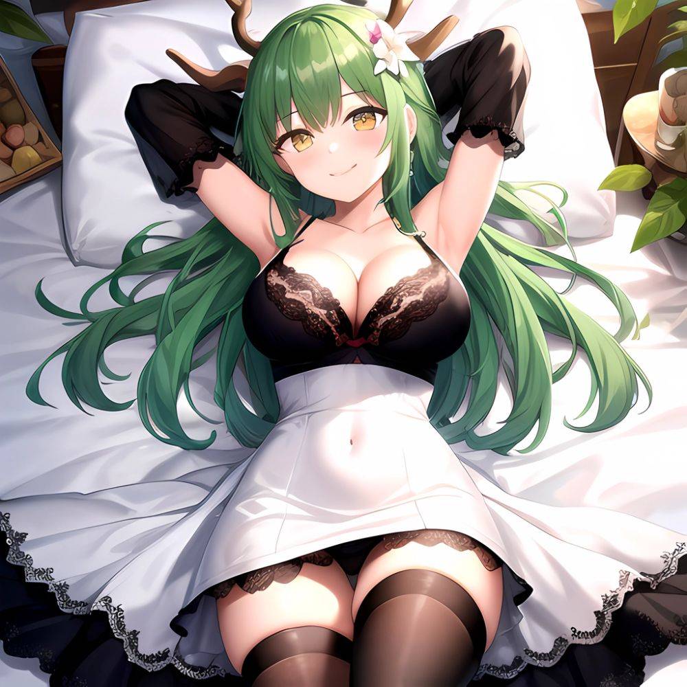 1girl Alternate Costume Antlers Armpits Arms Behind Head Bed Sheet Black Bra Black Thighhighs Bra Branch Breasts Ceres Fauna Cle, 2430996265 - AIHentai - #main