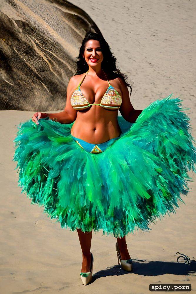 color portrait, long hair, 44 yo beautiful performing white rio carnival dancer at copacabana beach - #main
