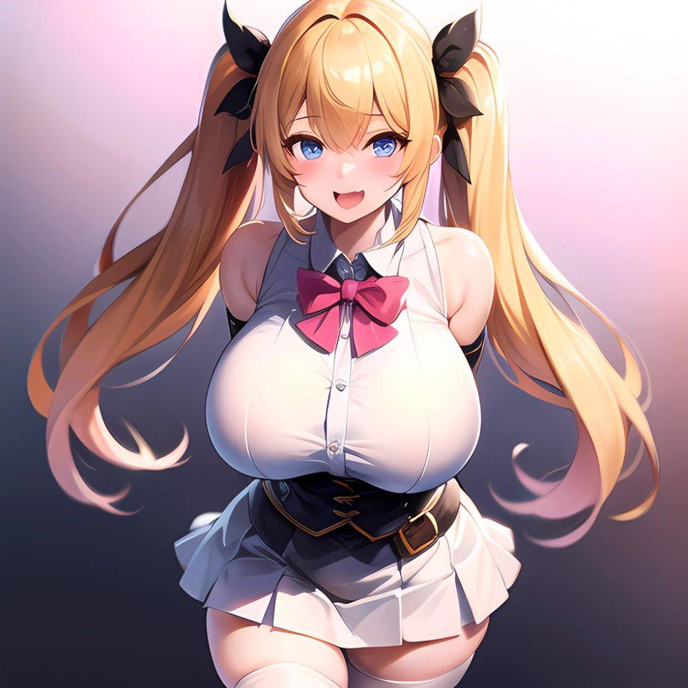 1girl Aymusk Belt White Skirt Blonde Hair Blue Eyes Blush Bow Bowtie Breasts Curvy Elbow Gloves Fang Gloves Gradient Background, 1728998226 - AIHentai - #main
