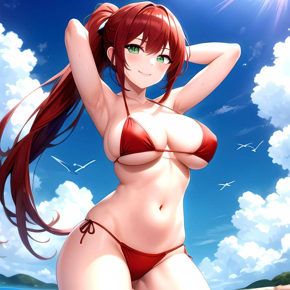 1girl Armpits Arms Behind Head Bikini Breasts Closed Mouth Collarbone Covered Nipples Day Green Eyes Highres Jung Freud Large Br, 581777524 - AIHentai - #main