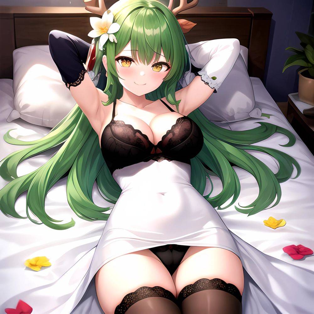 1girl Alternate Costume Antlers Armpits Arms Behind Head Bed Sheet Black Bra Black Thighhighs Bra Branch Breasts Ceres Fauna Cle, 2985501821 - AIHentai - #main