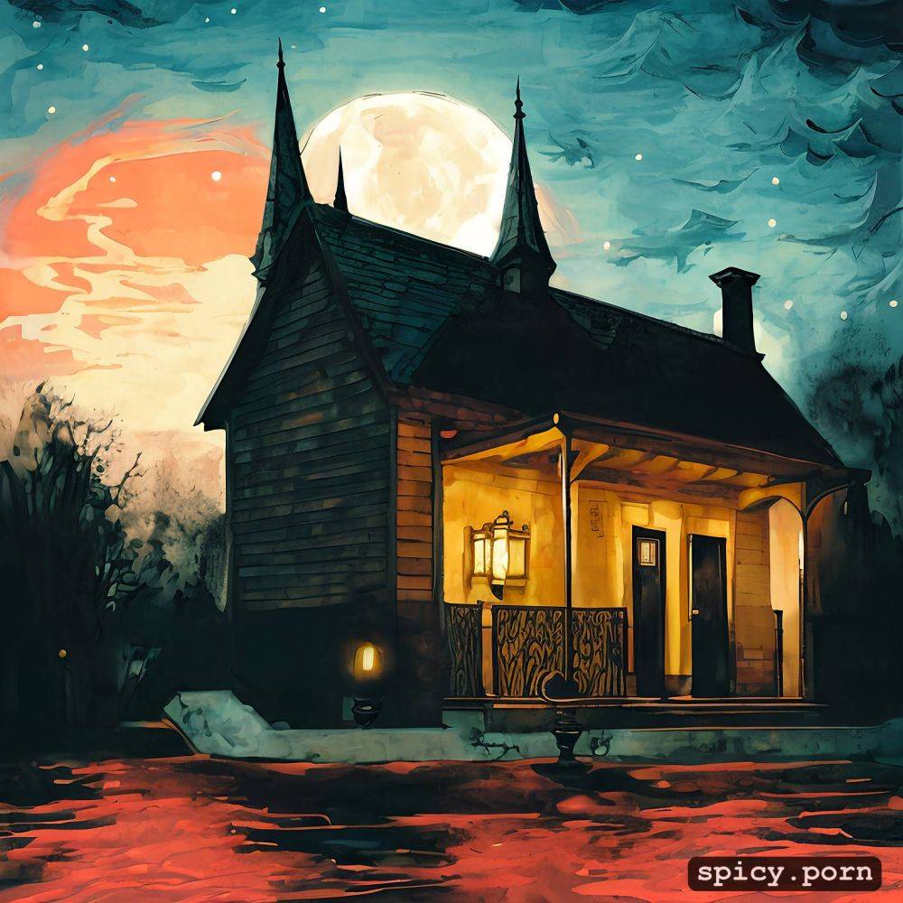 night background of a creepy house, disney style, vivid color illustration - #main