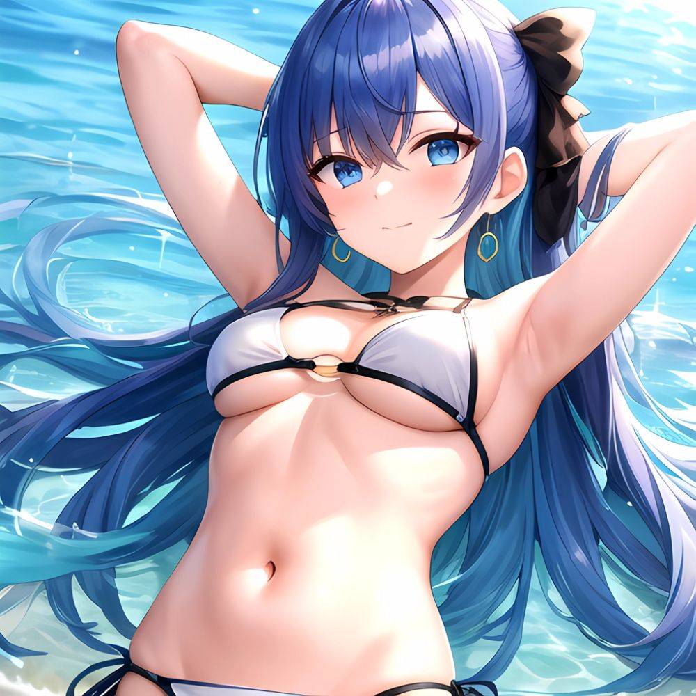 1girl Absurdres Arms Behind Head Bikini Blue Eyes Blue Hair Breasts Closed Mouth Hair Between Eyes Highres Hololive Hoshimachi S, 593753069 - AIHentai - #main
