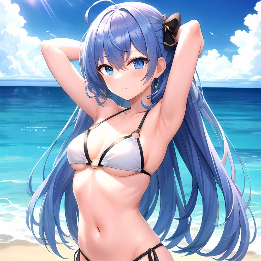 1girl Absurdres Arms Behind Head Bikini Blue Eyes Blue Hair Breasts Closed Mouth Hair Between Eyes Highres Hololive Hoshimachi S, 1476535166 - AIHentai - #main