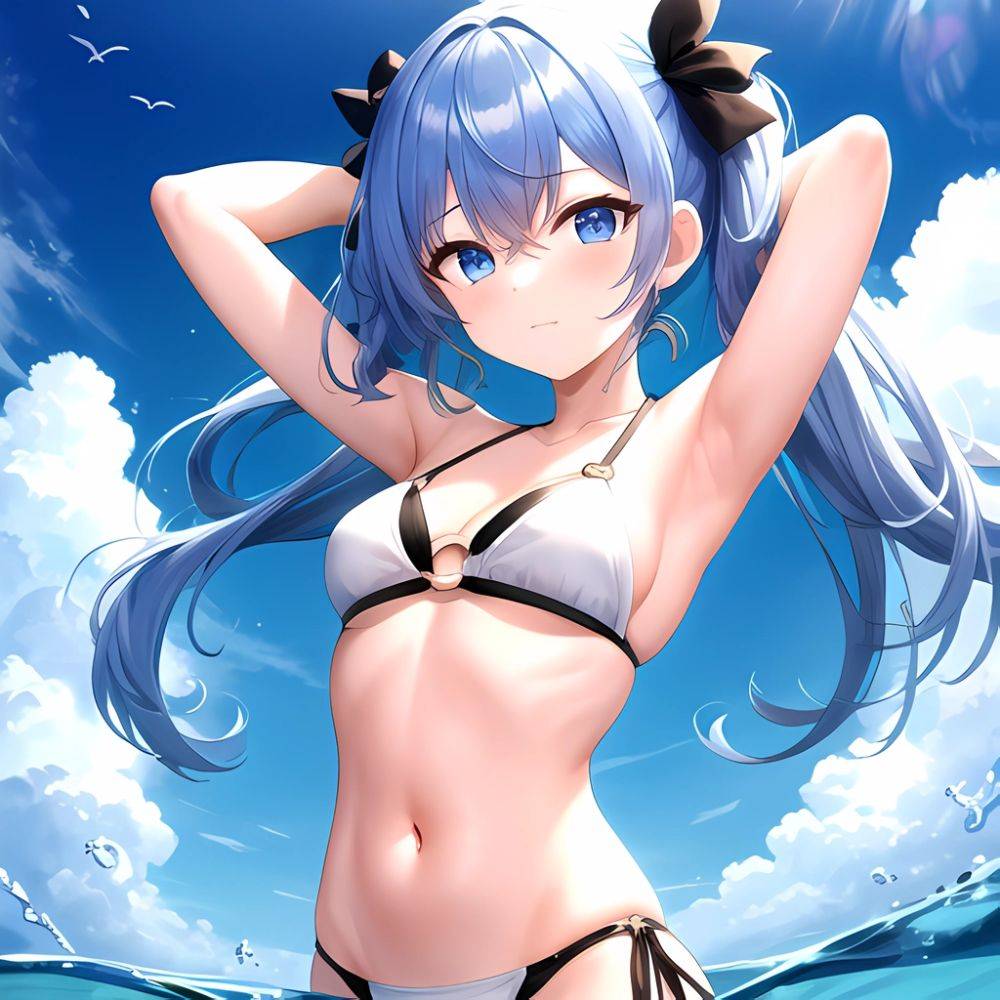 1girl Absurdres Arms Behind Head Bikini Blue Eyes Blue Hair Breasts Closed Mouth Hair Between Eyes Highres Hololive Hoshimachi S, 1591212049 - AIHentai - #main