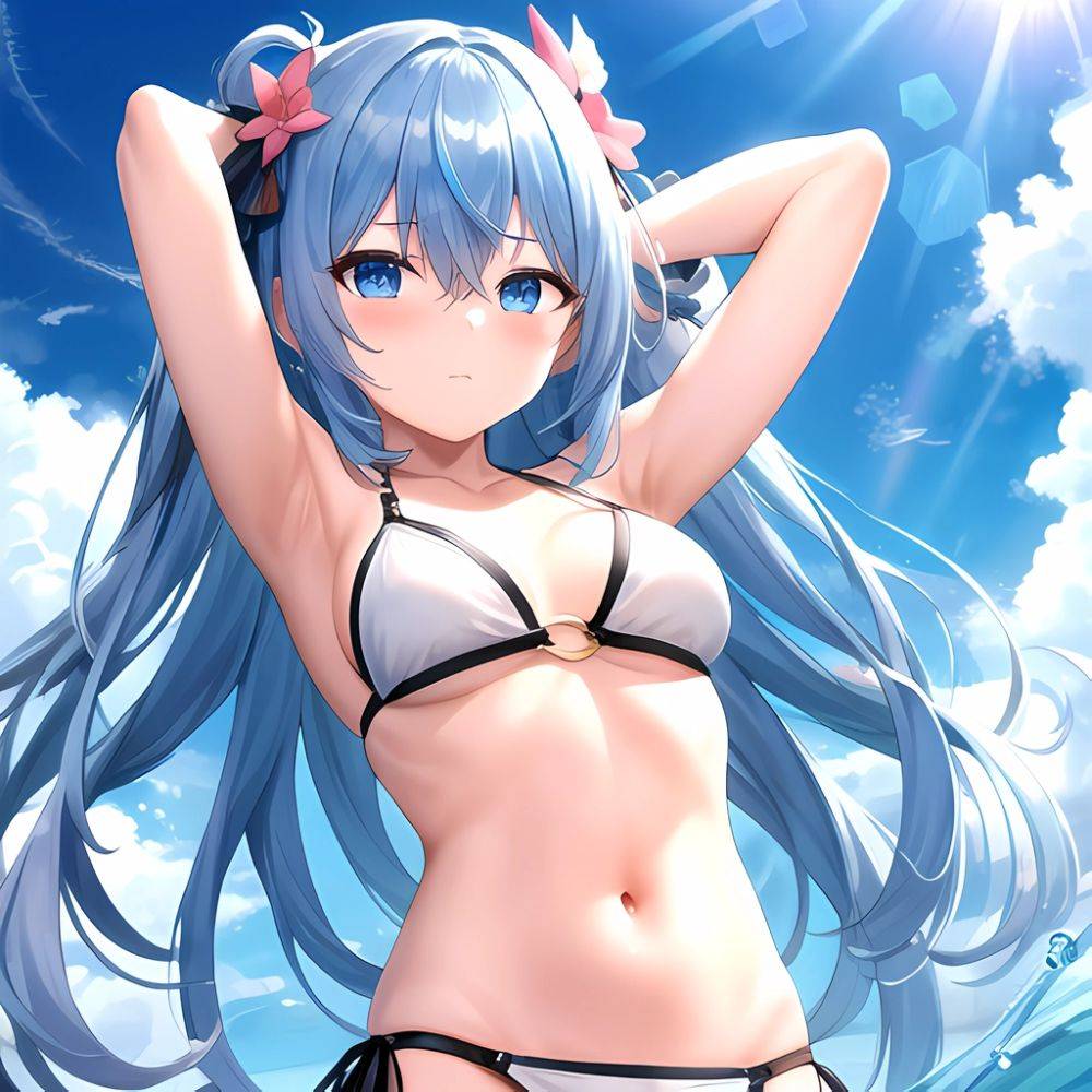 1girl Absurdres Arms Behind Head Bikini Blue Eyes Blue Hair Breasts Closed Mouth Hair Between Eyes Highres Hololive Hoshimachi S, 1935097616 - AIHentai - #main