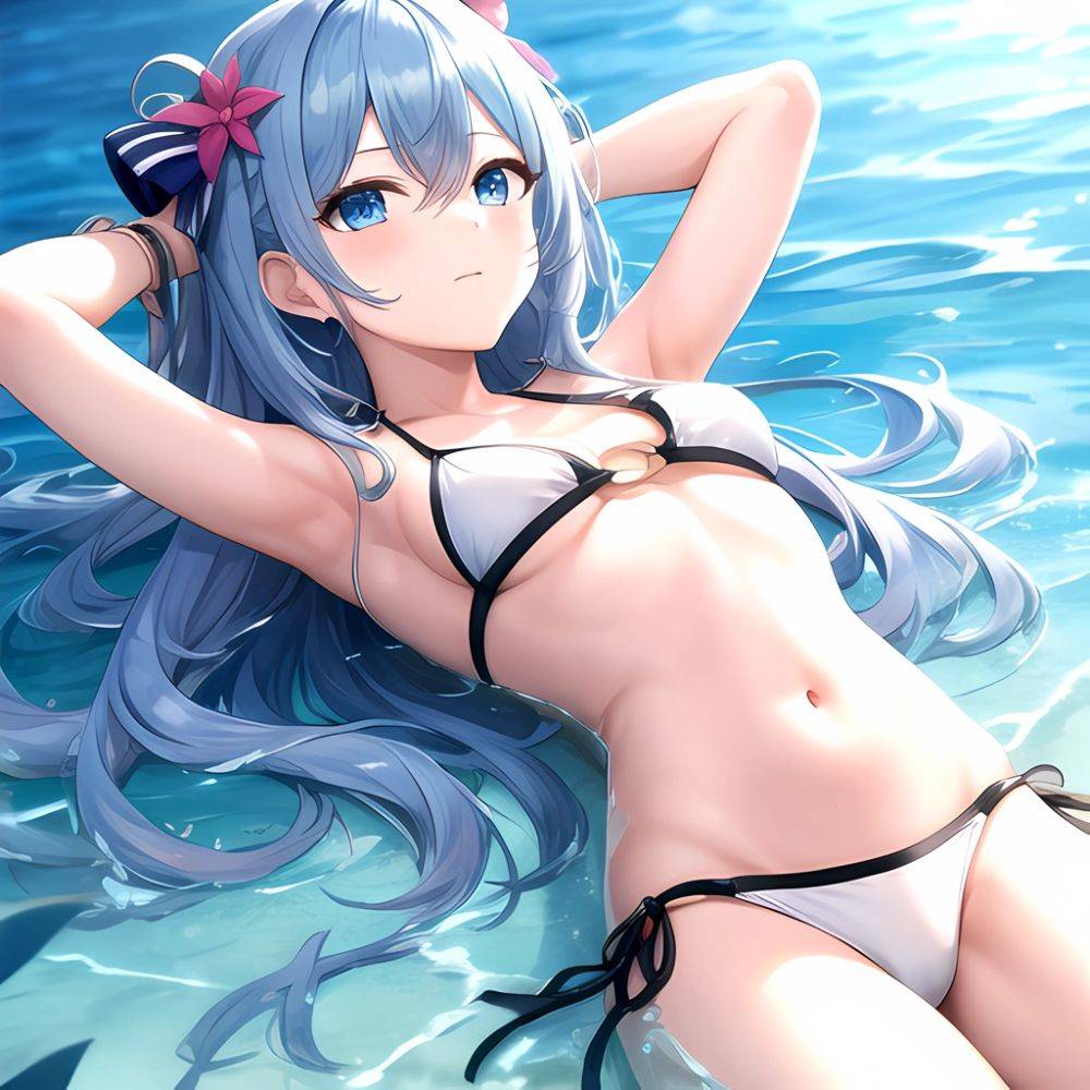 1girl Absurdres Arms Behind Head Bikini Blue Eyes Blue Hair Breasts Closed Mouth Hair Between Eyes Highres Hololive Hoshimachi S, 2062194776 - AIHentai - #main