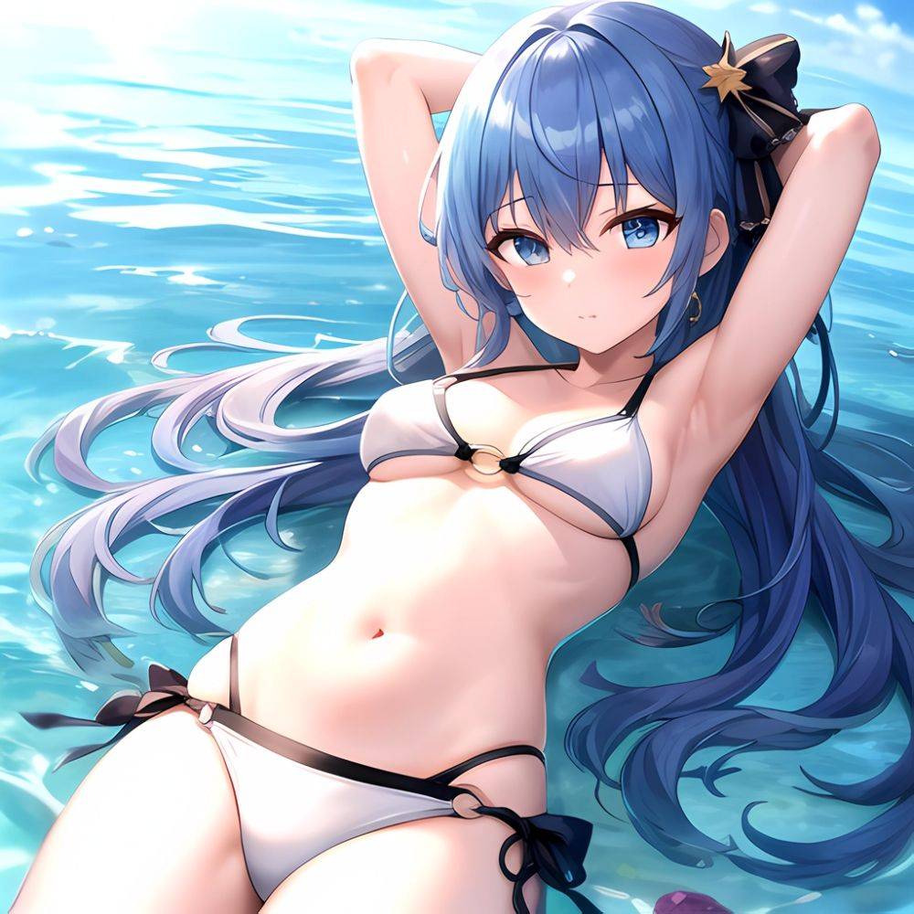 1girl Absurdres Arms Behind Head Bikini Blue Eyes Blue Hair Breasts Closed Mouth Hair Between Eyes Highres Hololive Hoshimachi S, 383338337 - AIHentai - #main