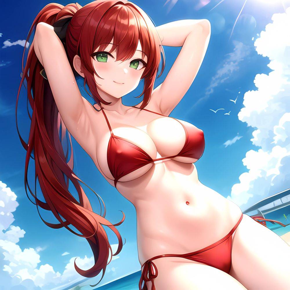 1girl Armpits Arms Behind Head Arms Up Bikini Breasts Closed Mouth Collarbone Covered Nipples Day Green Eyes Highres Jung Freud, 2308031953 - AIHentai - #main