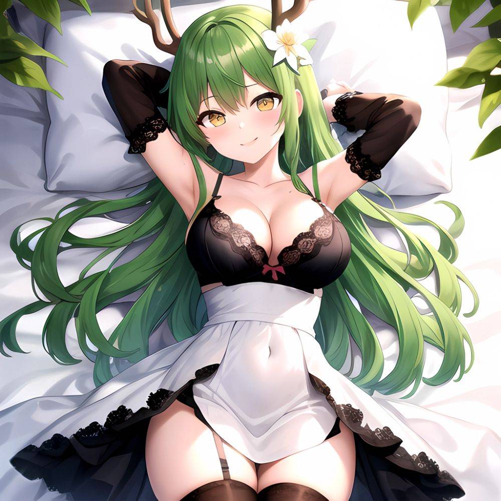 1girl Alternate Costume Antlers Armpits Arms Behind Head Bed Sheet Black Bra Black Thighhighs Bra Branch Breasts Ceres Fauna Cle, 1143730670 - AIHentai - #main