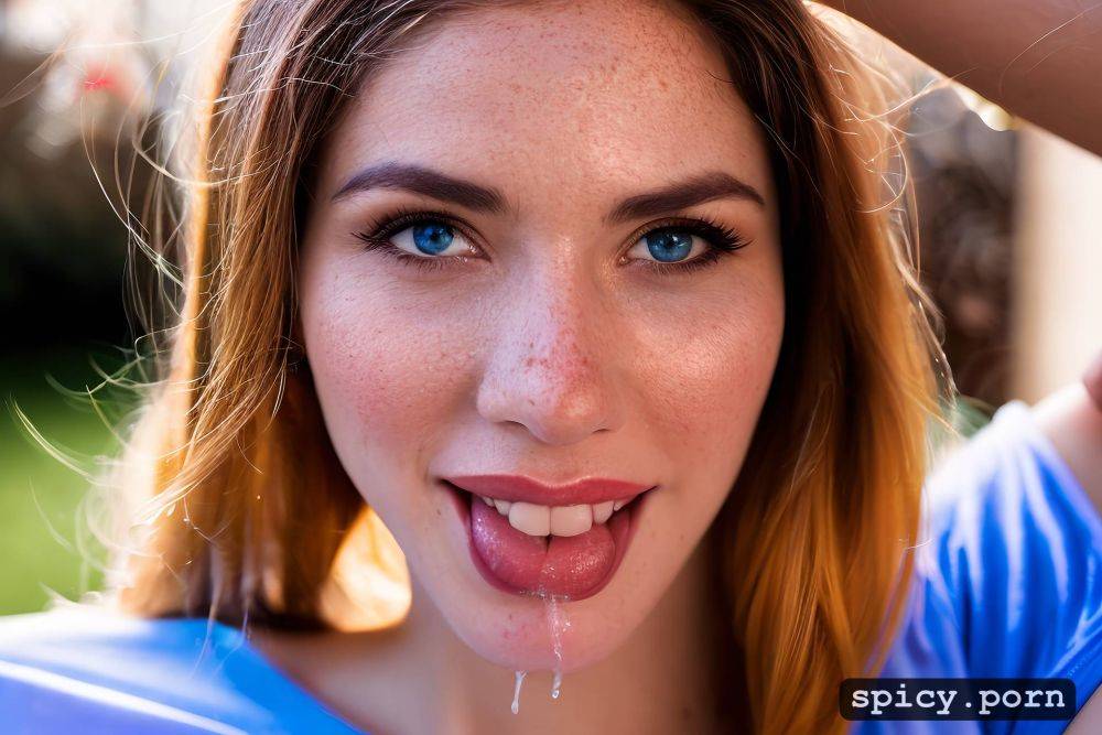 perky nipples, blue and red lighting, cute face, freckles on face - #main