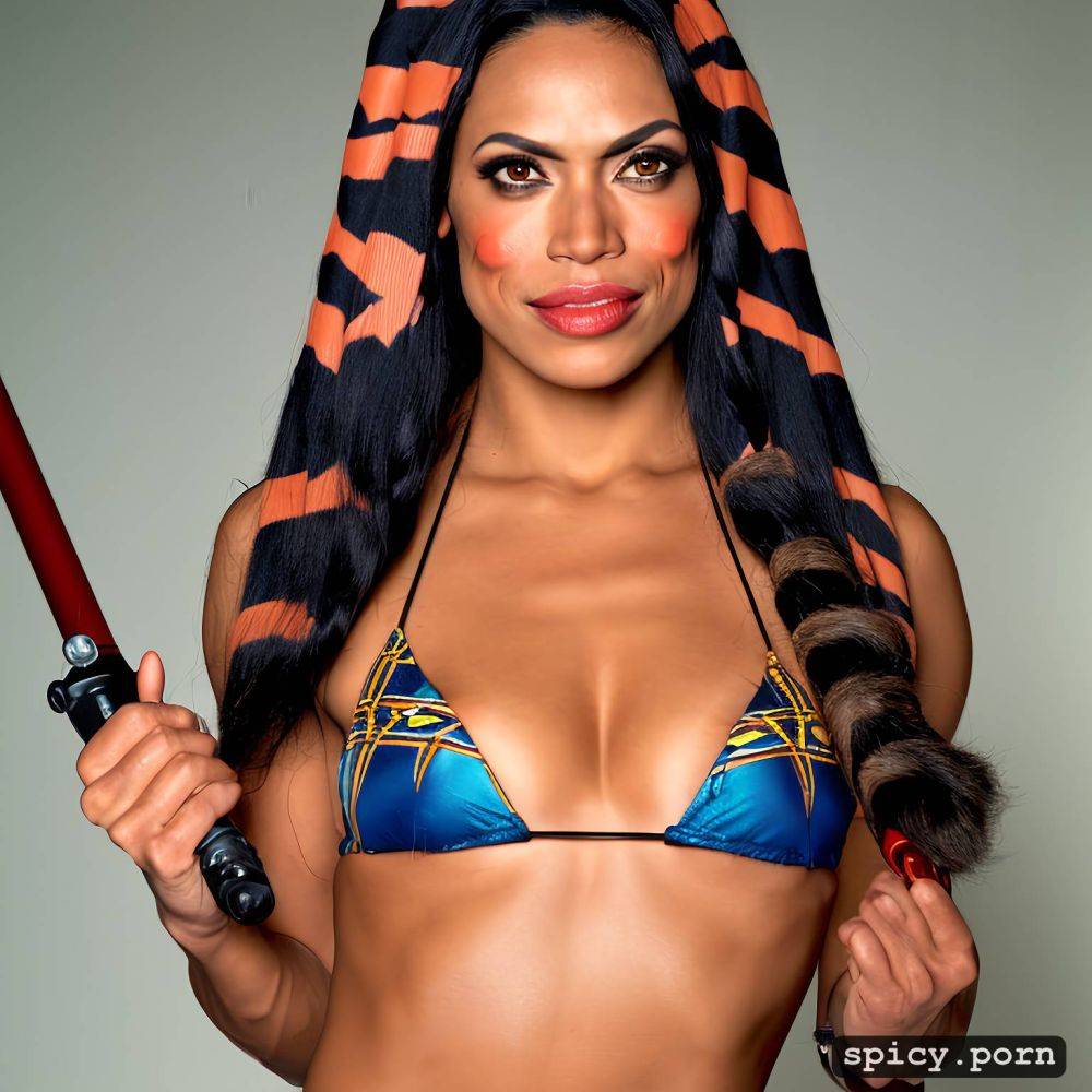 masterpiece, a lightsaber, visible nipple, rosario as dawson ahsoka tano from star wars posed with a prop - #main