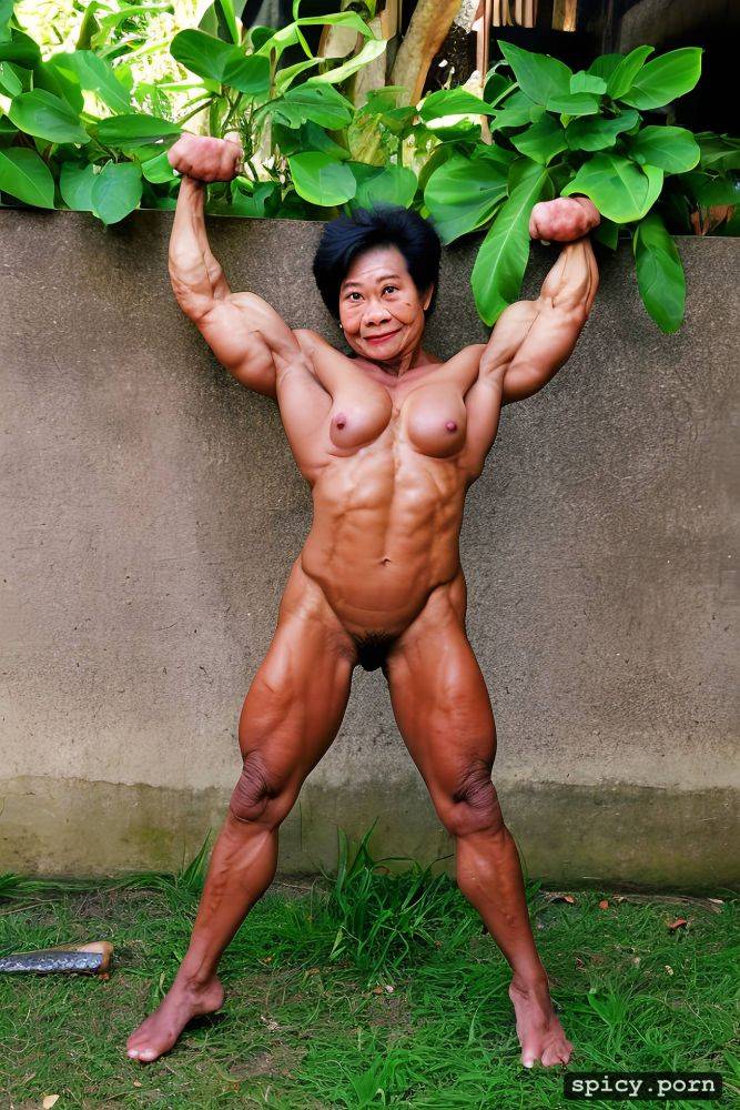 muscular legs, brown skin, flexing biceps, nude, thai granny bodybuilder midget - #main