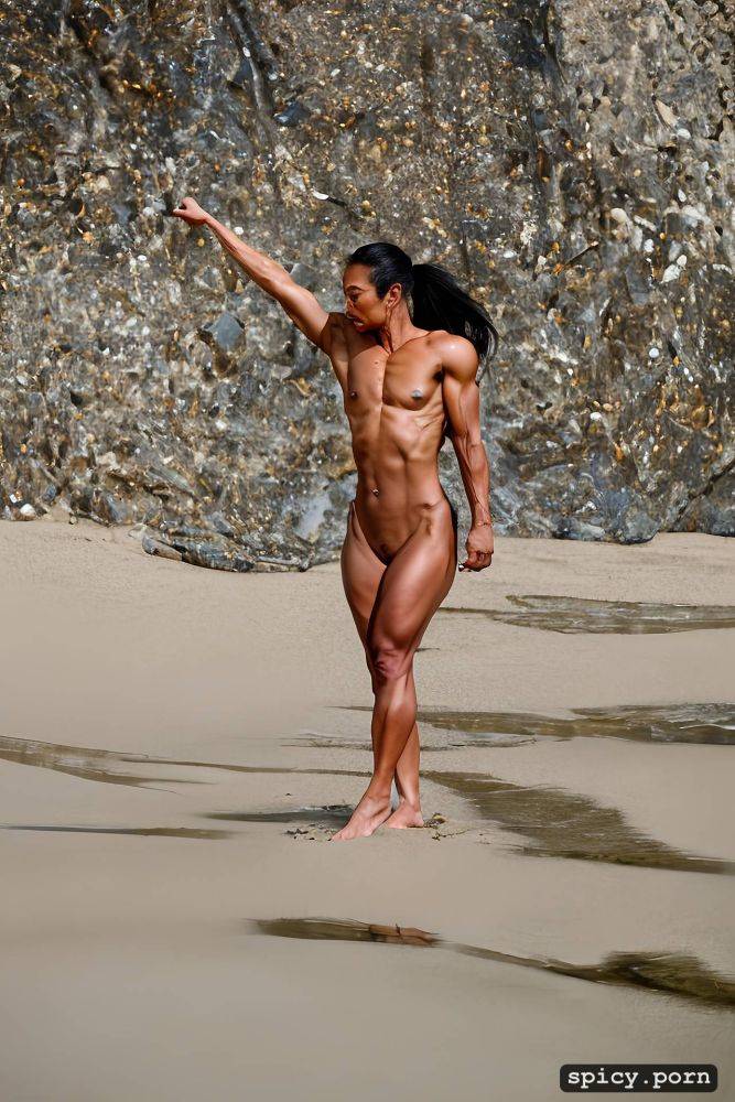 flexing on beach, long hairs, very short, big breast, unmatched strength - #main
