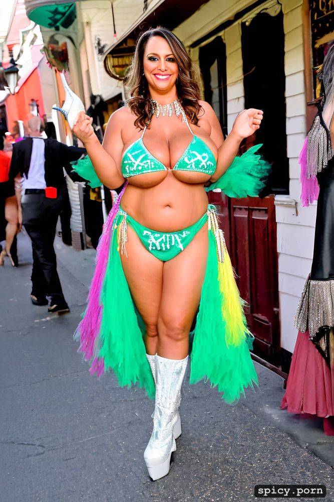 color portrait, long hair, 45 yo beautiful performing white mardi gras dancer on bourbon street - #main