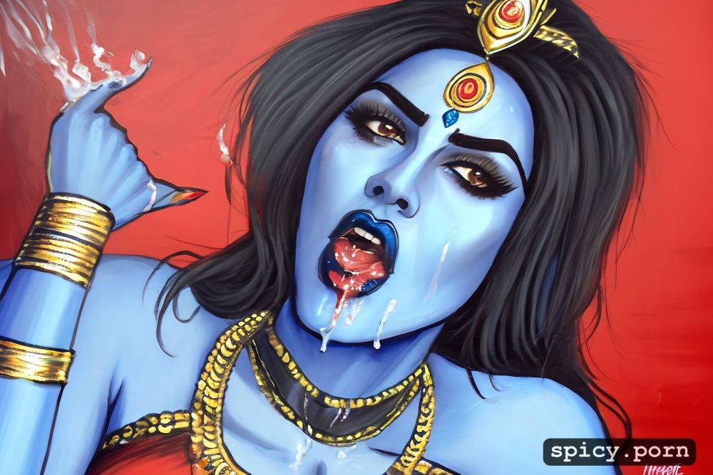 blue skin, horny face, hindu crown on the head, cum on face mouth dripping white cum and saliva - #main