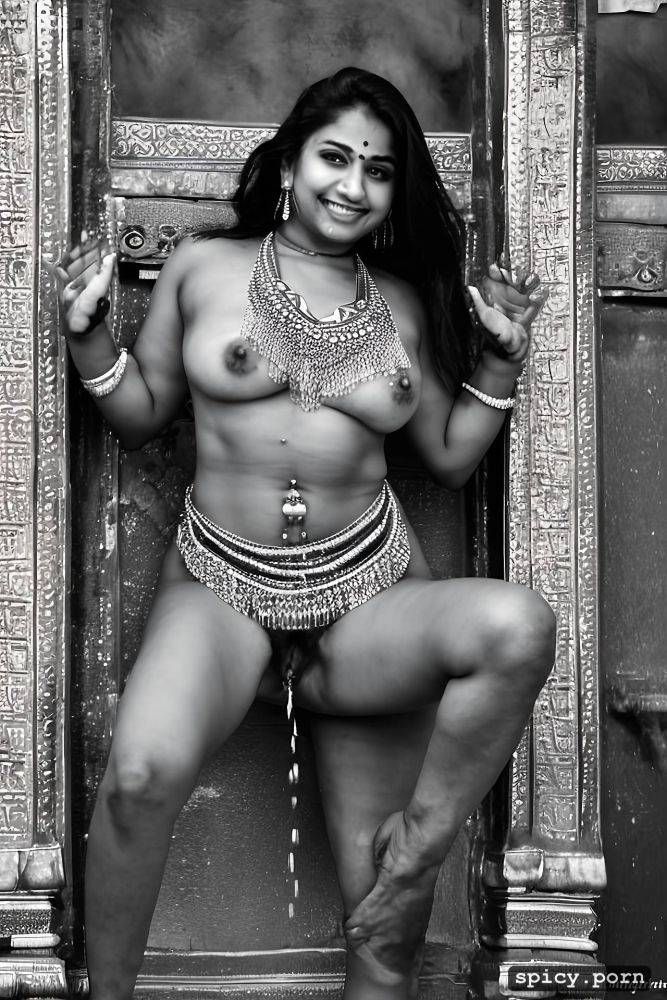 stiff long nipples, 40yo, hindu temple, full front view, nipple ring - #main