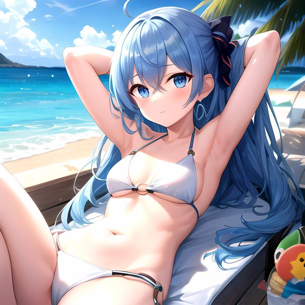 1girl Absurdres Arms Behind Head Bikini Blue Eyes Blue Hair Breasts Closed Mouth Hair Between Eyes Highres Hololive Hoshimachi S, 2648403342 - AIHentai - #main