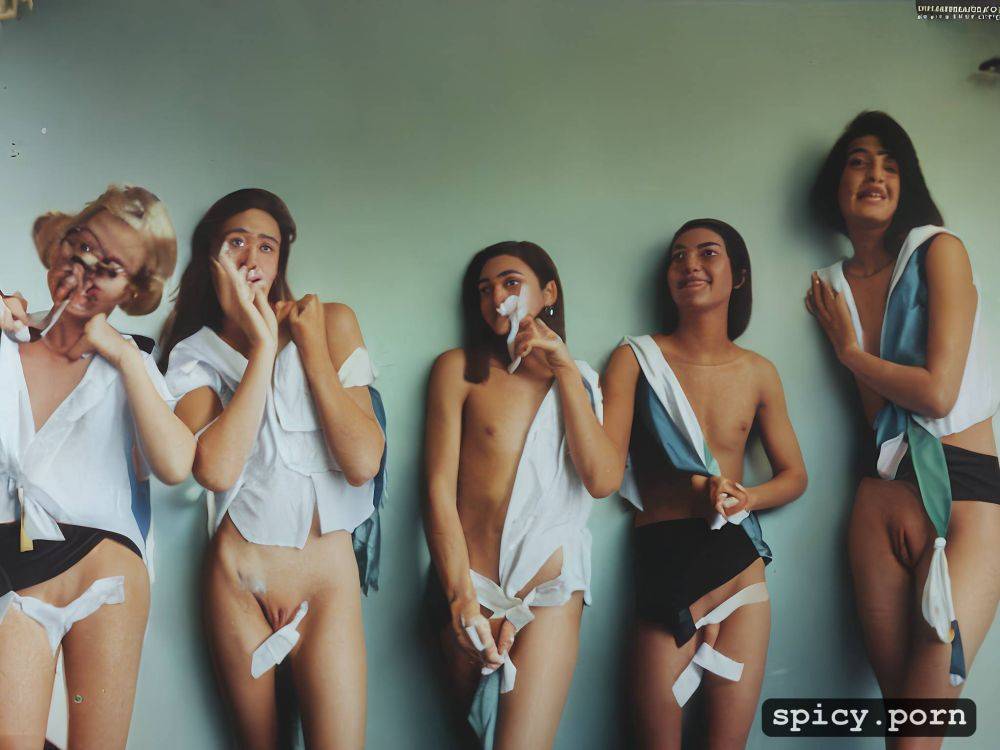 group of youthful girlscouts lifting their skirts to show off their bare shaved pussies - #main