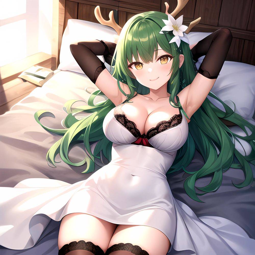 1girl Alternate Costume Antlers Armpits Arms Behind Head Bed Sheet Black Bra Black Thighhighs Bra Branch Breasts Ceres Fauna Cle, 2282348983 - AIHentai - #main