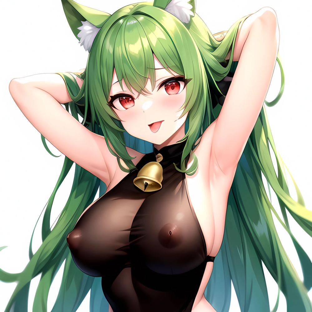 1girl Animal Ear Fluff Animal Ears Armpits Arms Behind Head Banshee Last Origin Bell Blush Breasts Chamame Green Hair Highres, 4115837684 - AIHentai - #main